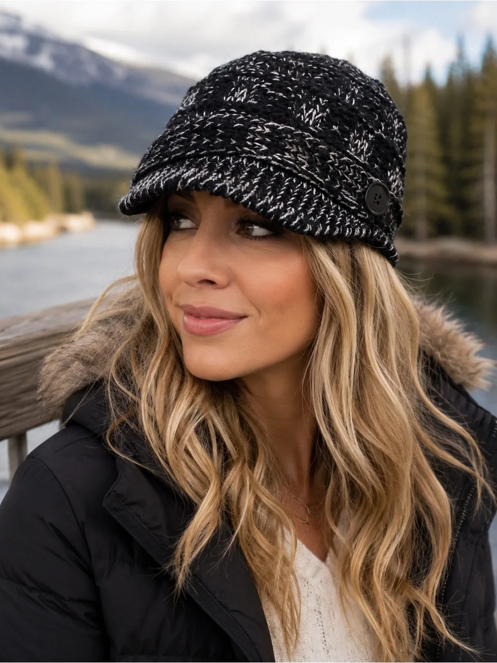 Ladies Black & White Knit Newsboy Hat | Fleece Lined Winter Cap One Size